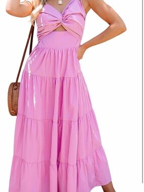 Sleeveless Pink Tiered Maxi Dress with Twist Front